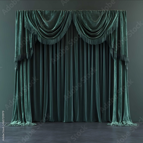 3D rendering of a photo zone a rectangular wide green velvet background with two curtains theatrical draperies picked up by textile tassels