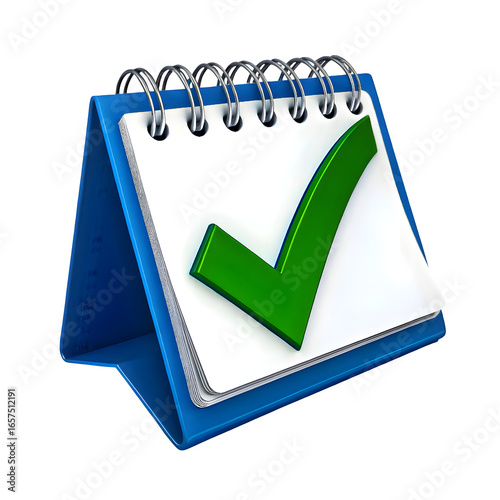 Blue Desk Calendar with Green Checkmark – Symbol of Task Completion and Productivity.