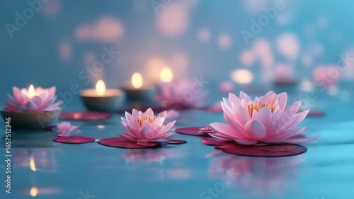 Wallpaper Mural Serene water lilies gracefully float on a tranquil pond, illuminated by soft candlelight, creating a peaceful ambiance, perfect for relaxation or meditation themes Torontodigital.ca