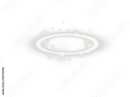 Glowing golden white halo light effects with sparkles isolated on a transparent background, celestial light ring effect.