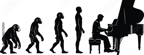 Silhouette sequence of primate to human evolution ending with pianist at grand piano, humorous music evolution concept, black vector illustration design