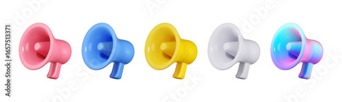 3D megaphone set with realistic loudspeakers and bullhorn icons. Colorful blue, pink, white, and yellow megaphones for announcement, alert, advertising, media promotion, and marketing campaign.