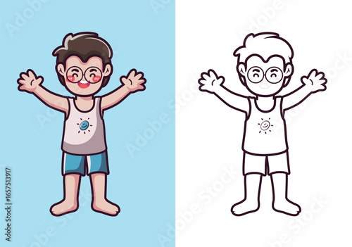 Cartoon Boy Character with Glasses, Coloring Page and Body Parts Learning