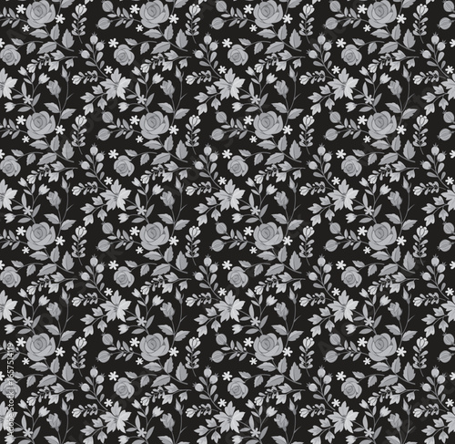 Elegant seamless pattern with monochrome gray flowers and leaves on a black background. A vintage-inspired, hand-drawn botanical vector illustration. Ideal for textile prints, stationery, and decor.