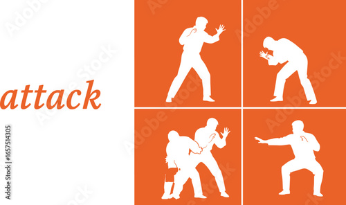 Silhouettes of defensive stances in orange squares, self-defense training poses, attack text, martial arts concept, security awareness, vector illustration design