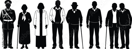 Silhouettes of diverse people in various outfits and poses with canes, uniforms, casual wear, professions, diversity concept, vector illustration design