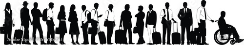 Silhouettes of diverse travelers standing in line with luggage, airport queue scene, inclusivity, accessibility, travel concept, vector illustration design