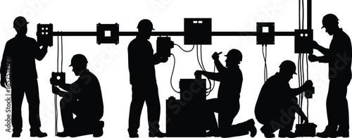 Silhouettes of electrical workers operating equipment, handling wires, using tools, control panels, industrial maintenance, skilled labor, construction site, vector illustration design