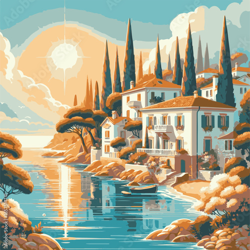Beautiful Mediterranean coastal village illustration with colorful houses, lush flowers, serene sea, tall cypress trees, and sunset sky, perfect romantic artwork for wall art and design projects