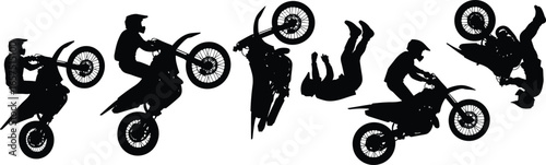 Silhouettes of motorcyclists performing extreme stunts, wheelies, flips, aerial tricks, freestyle motocross, adrenaline sport, motorcycle action, acrobatic riders, vector illustration design