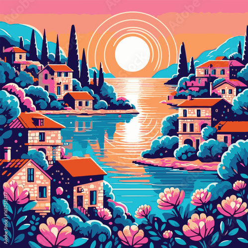 Beautiful Mediterranean coastal village illustration with colorful houses, lush flowers, serene sea, tall cypress trees, and sunset sky, perfect romantic artwork for wall art and design projects