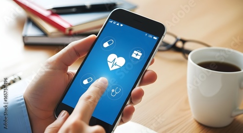 A hand holds a smartphone displaying a medical application with health-related icons, with a finger touching the screen.