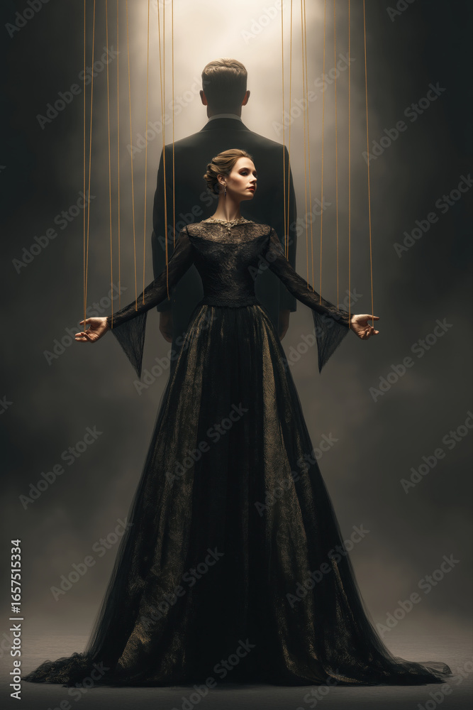 Fototapeta premium woman as puppet in black dress under control