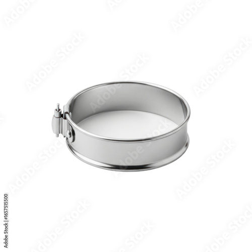 Silver round metal springform cake pan ring with a side clasp on a white background.