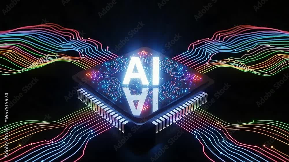 The glowing ai chip processor with colorful data streams symbolizes advanced artificial intelligence technology and future innovation in digital computing and machine learning