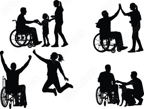 Silhouettes of people interacting with individuals in wheelchairs, inclusivity, friendship, celebration, assistance, diversity, support concept, vector illustration design