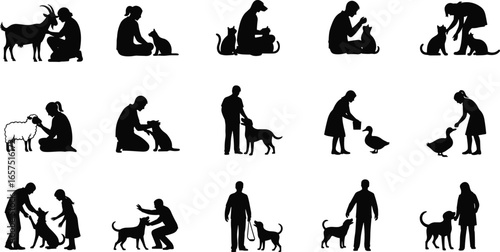 Silhouettes of people interacting with various animals, goats, dogs, cats, sheep, ducks, caring and feeding, companionship scenes, vector illustration design