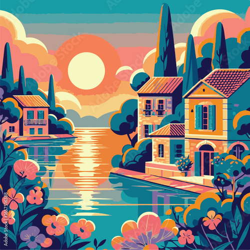 Beautiful Mediterranean coastal village illustration with colorful houses, lush flowers, serene sea, tall cypress trees, and sunset sky, perfect romantic artwork for wall art and design projects