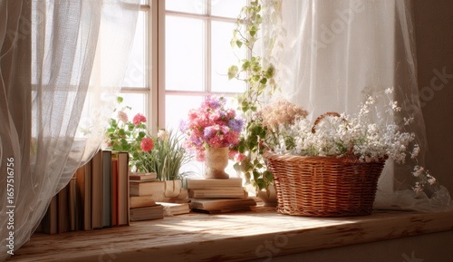Cozy windowsill adorned with potted plants and flowers, illuminated by natural sunlight in a bright, airy room