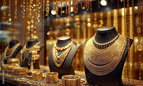 
A gold store display featuring multiple necklaces and bracelets, showcasing different styles of golden jewelry