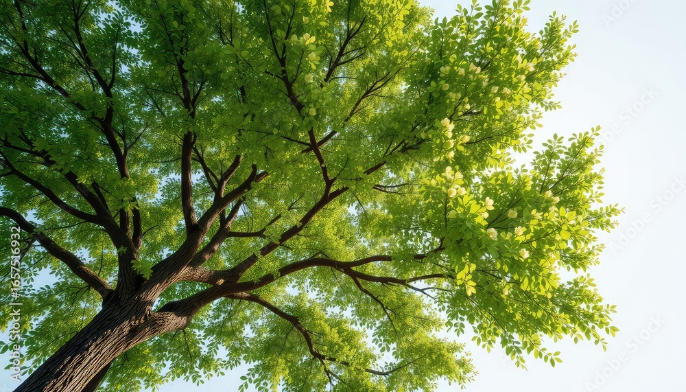 Fototapeta premium View Looking Upwards Toward Tree Branches with Fresh Green Leaves and Gentle Sunlight Filtering Through