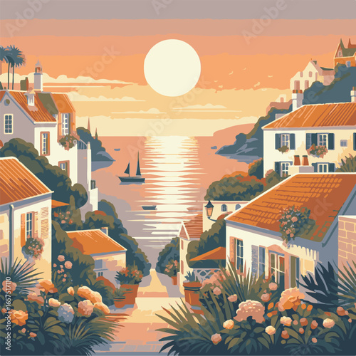 Beautiful Mediterranean coastal village illustration with colorful houses, lush flowers, serene sea, tall cypress trees, and sunset sky, perfect romantic artwork for wall art and design projects