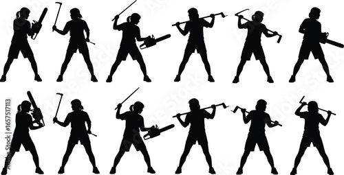 Silhouettes of person holding various tools and weapons, multiple poses, baseball bat, crowbar, chainsaw, versatile action, vector illustration design