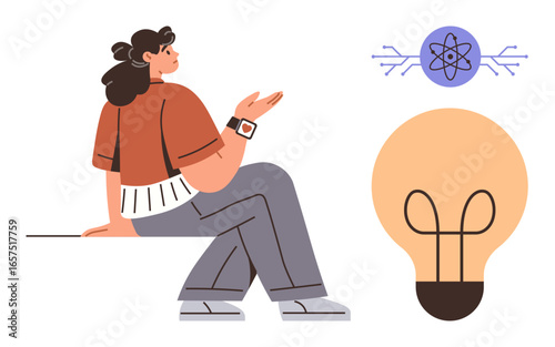 Woman sitting and gesturing, symbolizing creativity. Atomic icon and light bulb representing science, research, inspiration. Ideal for innovation, education, creativity, discovery learning