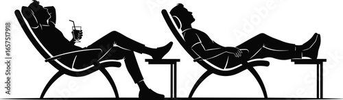 Silhouettes of two people reclining on lounge chairs with drinks and tables, relaxation, leisure, vacation, lifestyle concept, vector illustration design