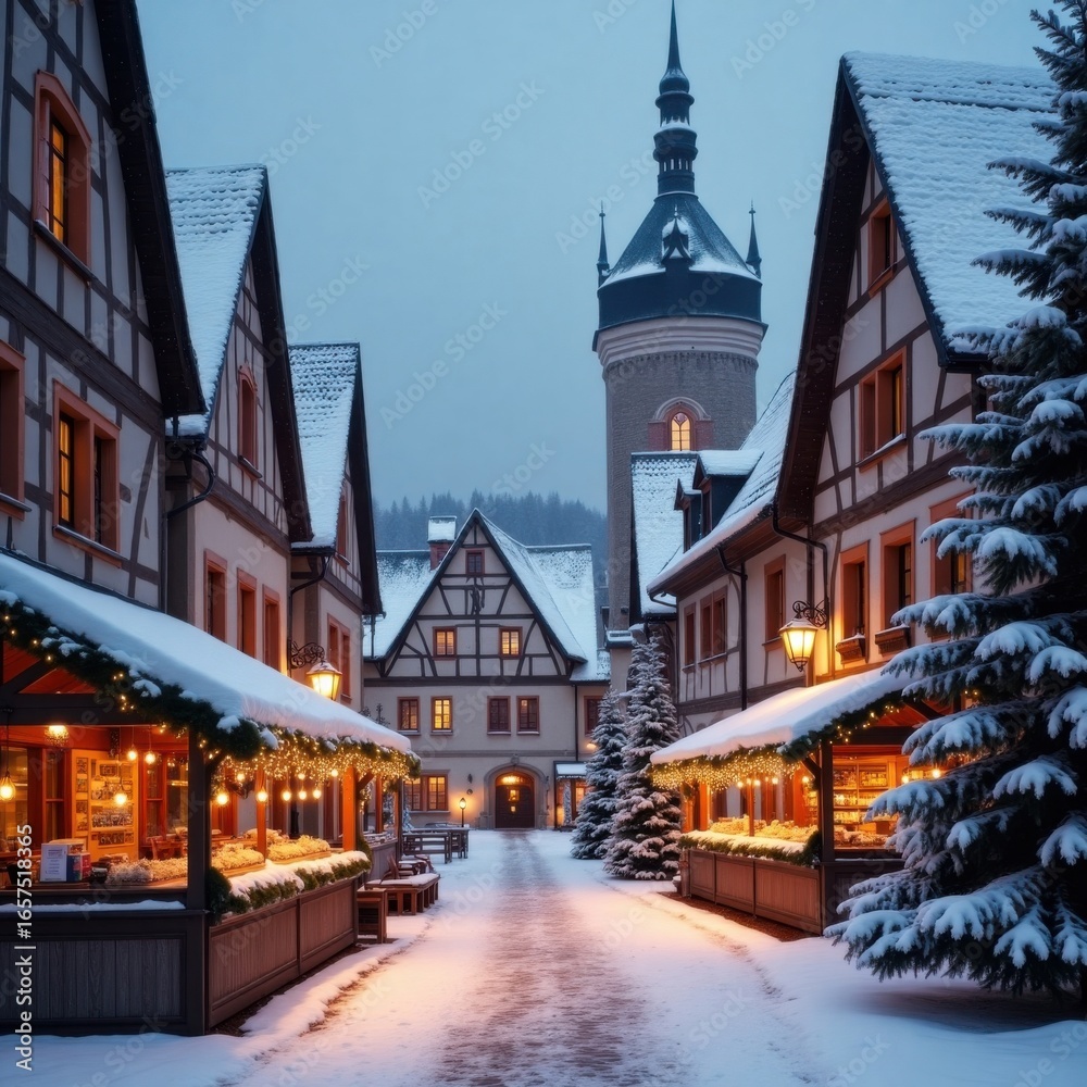 Fototapeta premium Charming Snowy Village Marketplace at Dusk