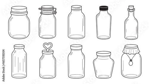 Collection of Empty Jars and Bottles Line Art Vector Illustration for Food Storage and Preservation Projects