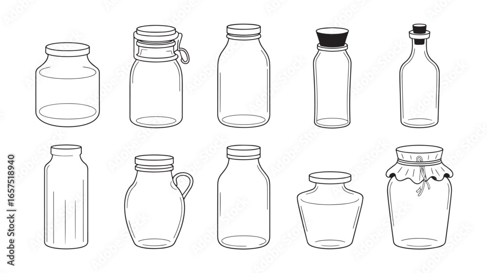 Fototapeta premium Collection of Glass Jars in Various Shapes and Sizes Line Art Illustration