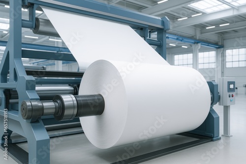 Industrial paper roll unwinding machine operating in modern facility with large white paper roll in focus on clean light background. Ai generative. Ai generative