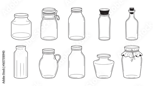 Collection of Glass Jars in Various Shapes and Sizes Line Art Illustration