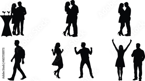 Silhouettes of people kissing, walking, dancing, celebrating, enjoying drinks, couple in love, man and woman interaction, nightlife romance, lifestyle, social event