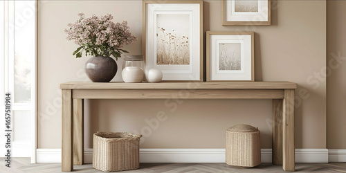 console table with group of frames and a vase of flowers in a modern living room front view colors are neutral and tan console table is natural oak wood