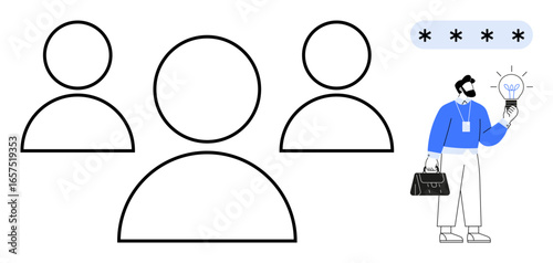 Abstract team outlines accompany a professional holding a glowing idea bulb near a security pin field. Ideal for teamwork, brainstorming, innovation, problem-solving, leadership, security