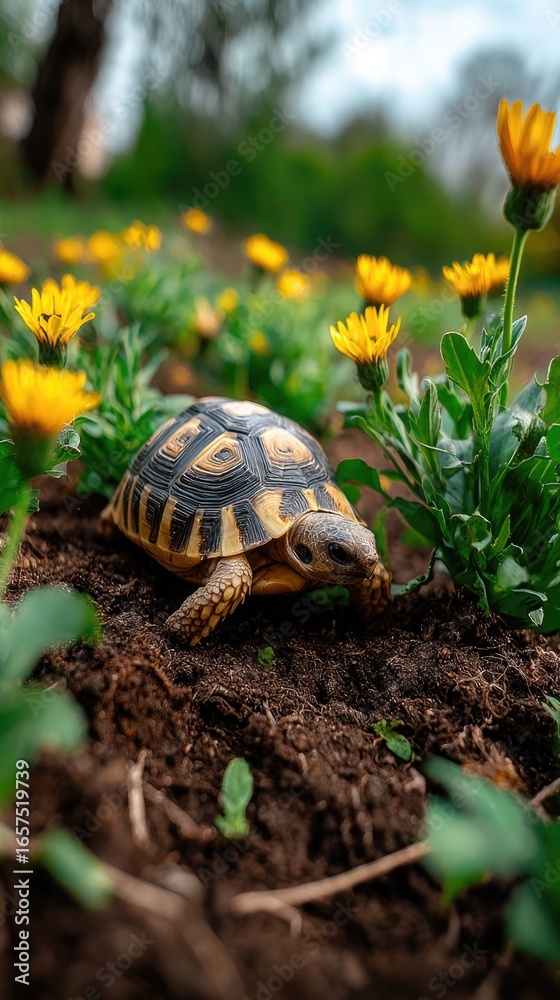 Obraz premium A small turtle with a smooth, yellowish-brown shell slowly crawls on the moist garden soil filled with miniature sunflowers
