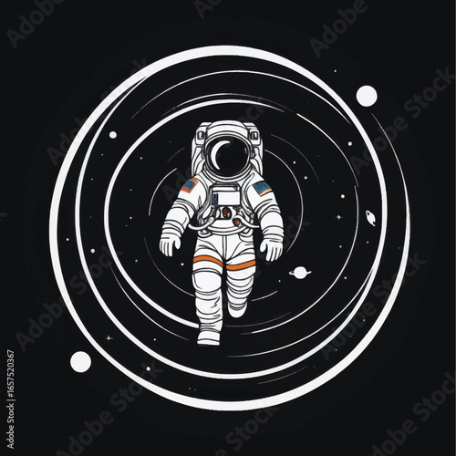 Astronaut in Space Suit with American Flags and Orbiting Planets