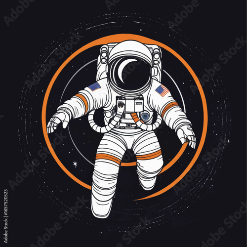 American Astronaut Floating in Space with Orange Ring and Starry Background