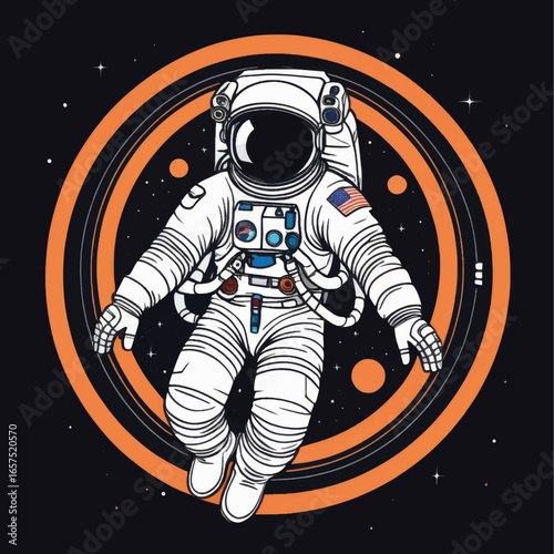 American Flag Astronaut Floating in Space with Orange Ringed Planet