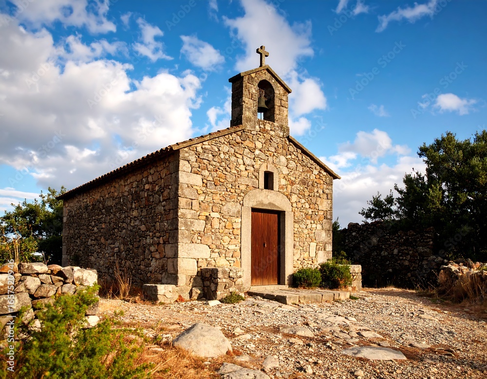 Naklejka premium Stone chapel under a partly cloudy sky