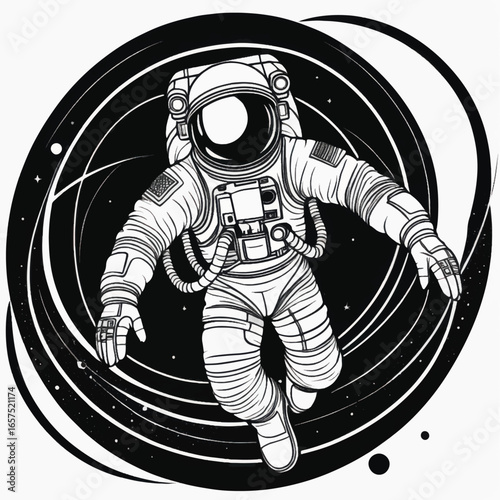 Monochrome astronaut floating in space with swirling cosmic background design