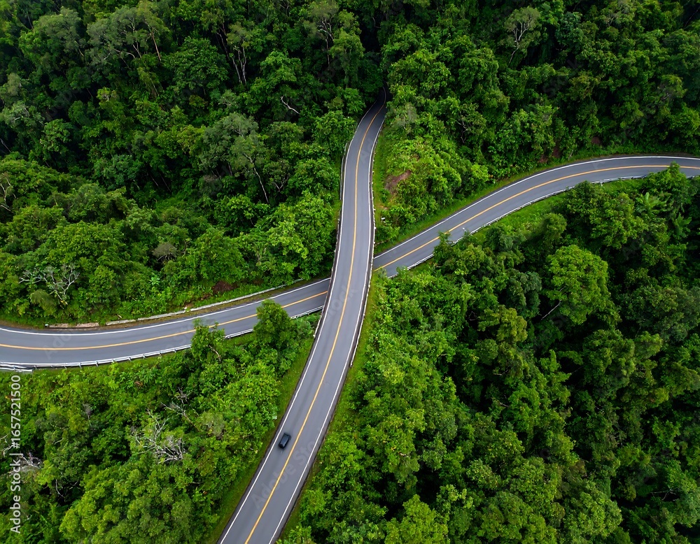 Fototapeta premium Winding road through lush green forest (1)