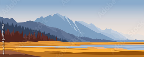 Autumn mountain landscape with beautiful nature. Autumn forest and lake at the foot of amazing mountains. Autumn yellow steppe grass, forest, lake and mountains. Vector illustration of nature.