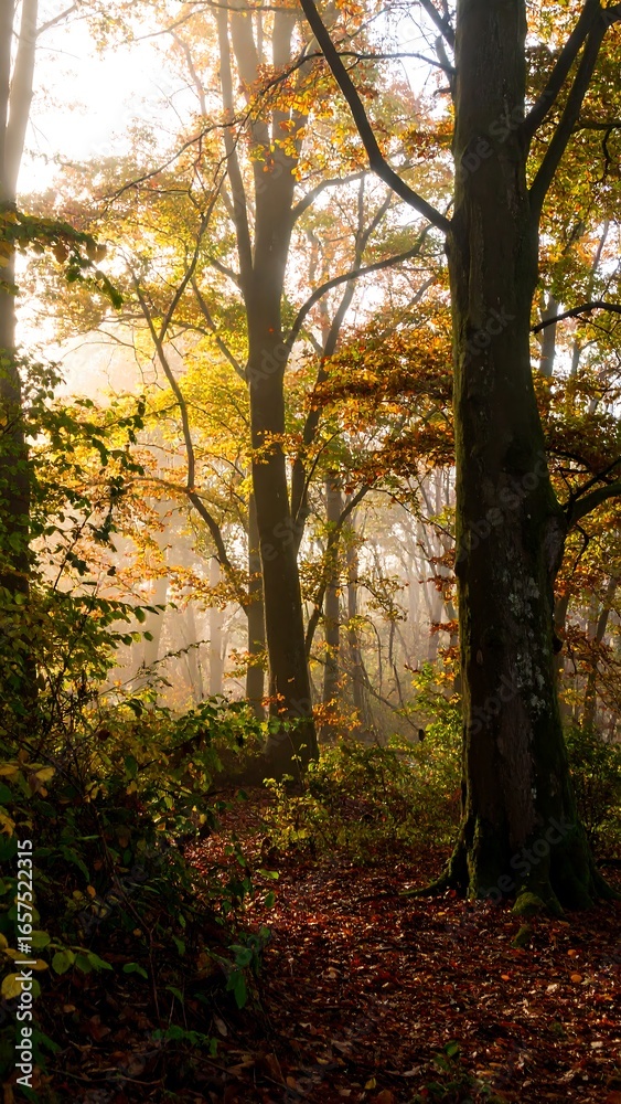 Fototapeta premium Autumn Forest Path, Sunlight, Fog