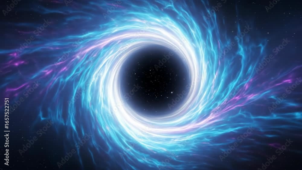 Abstract black hole swirling in outer space with blue and purple nebula clouds. Universe cosmic background footage.