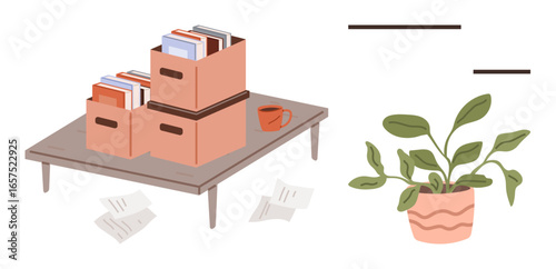 Books neatly arranged in boxes on a desk, accompanied by a coffee mug, scattered papers, and a nearby potted plant. Ideal for productivity, workspace, study, organization, minimalism focus simple