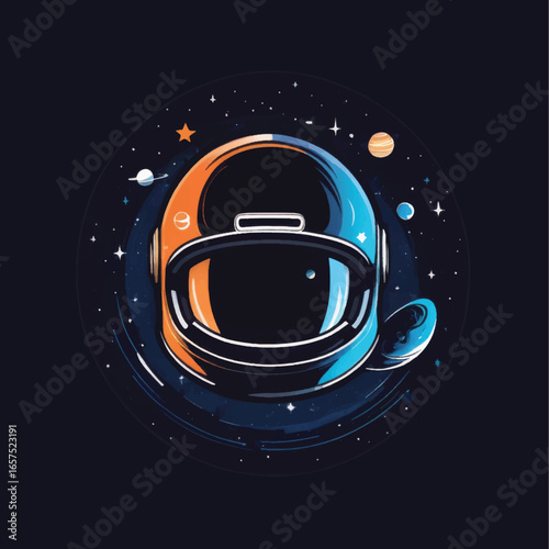 Stylized Astronaut Helmet with Orange and Blue Accents Amidst Cosmic Stars