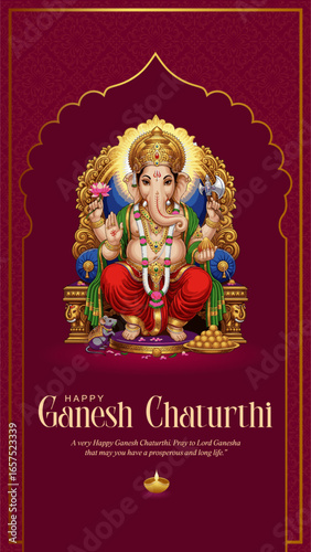 Lord Ganesha Sitting on Throne with Traditional Maroon Background for Ganesh Chaturthi Festival.
